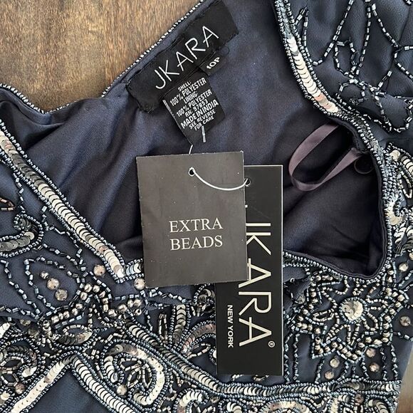 NWT J Kara V-Neck Beaded Cap Sleeve V Neck Maxi Evening Sheath beaded grey Dress - Picture 4 of 8